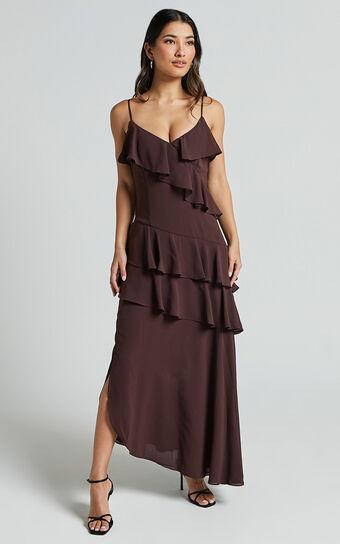 Emily Midi Dress - Strappy Asymmetric Ruffle Dress in Chocolate Product Image