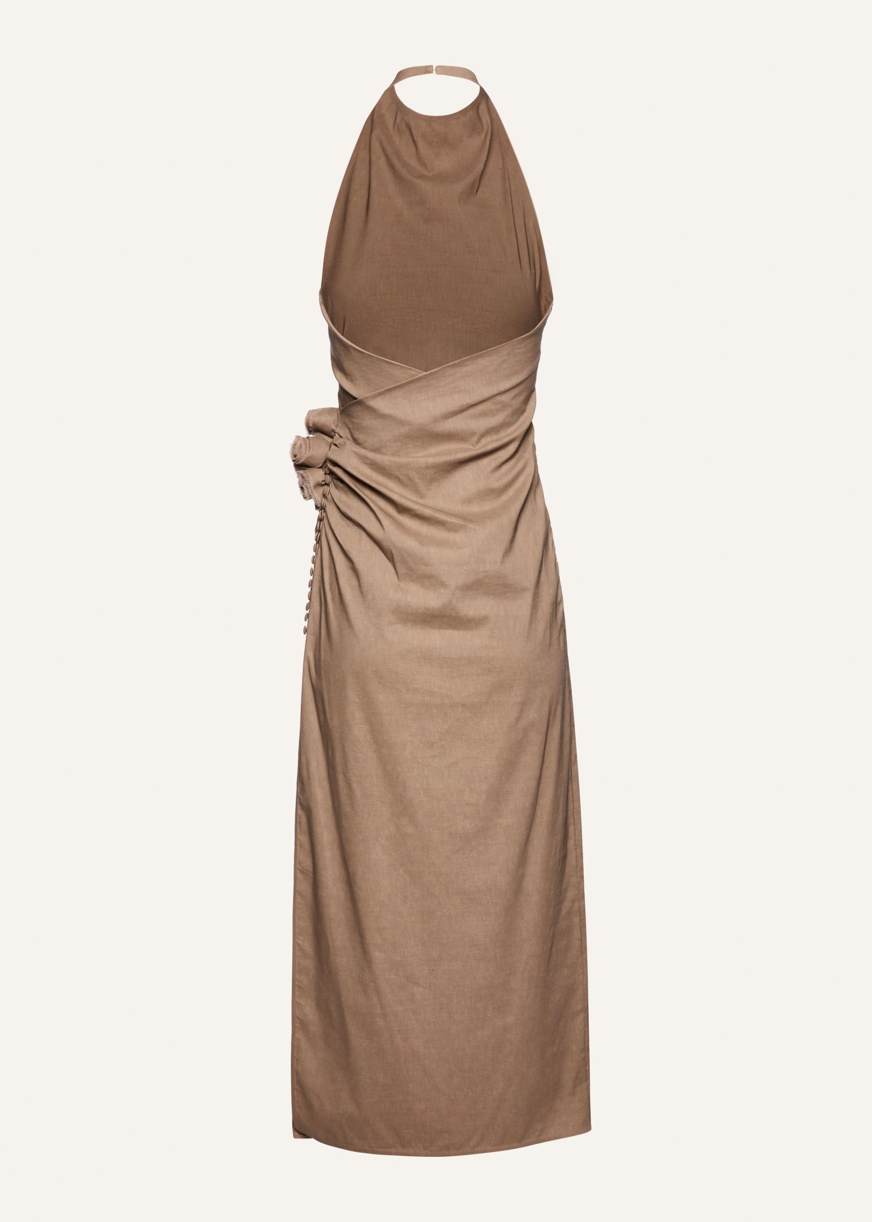 High neck floral applique midi dress in beige Product Image