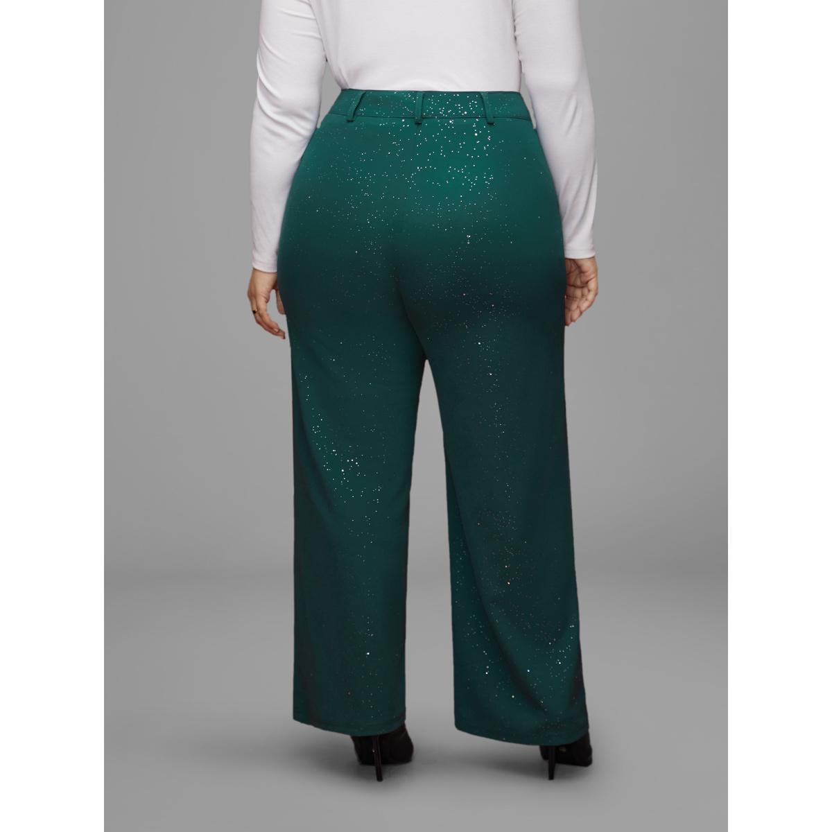 Plus Size Sparkle Knit Wide-Leg Pants Women DarkGreen Formal Loose Mid Rise Party Pants BloomChic 30/6X Product Image
