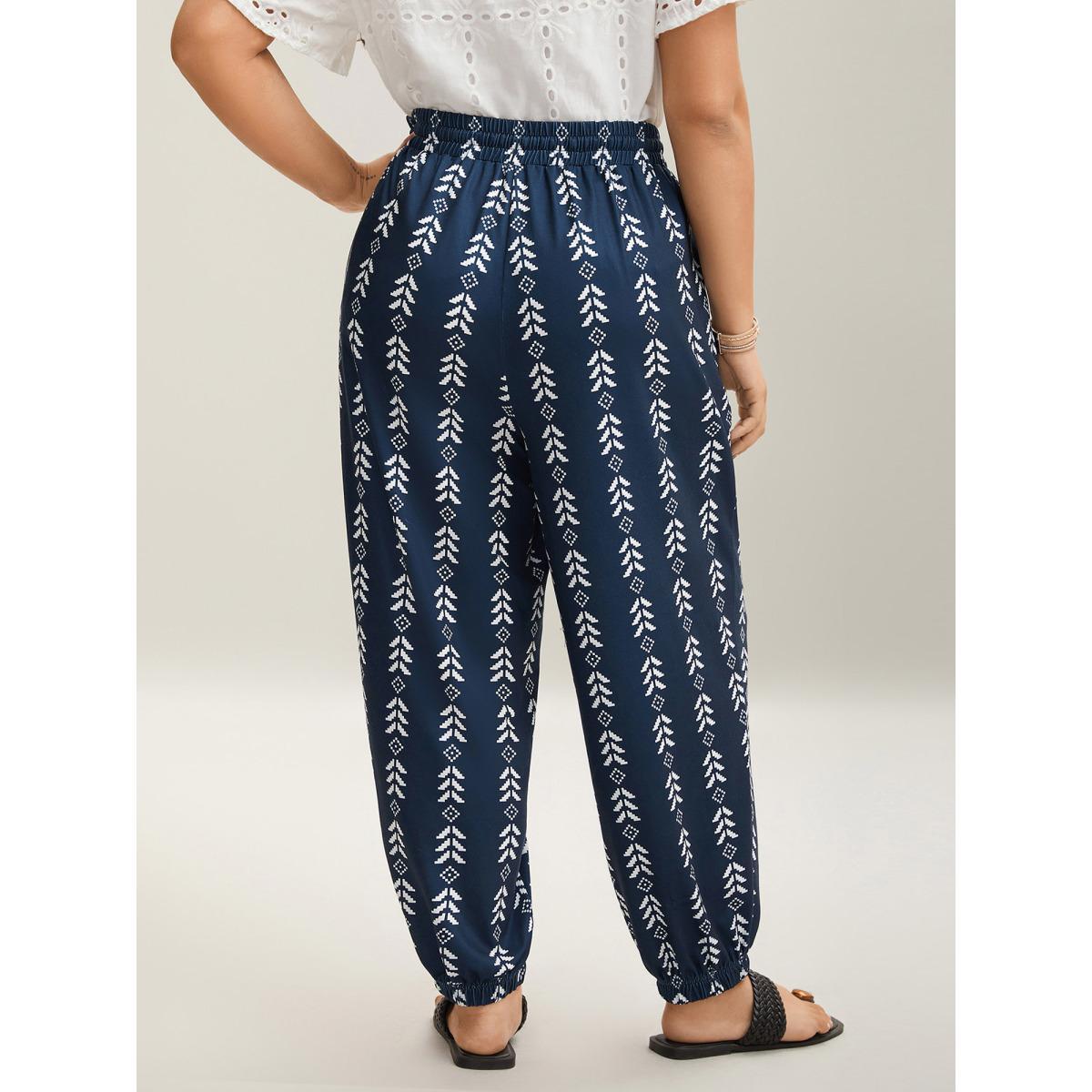 Plus Size Boho Geometric Print Stretchy Waist Pants Women Indigo Casual Mid Rise Everyday Pants BloomChic 12/L Product Image