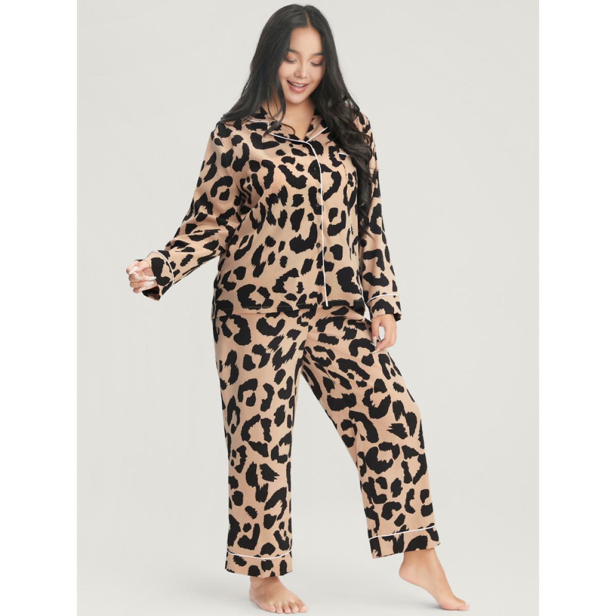 Plus Size Leopard Print Button Up Pocket Pajama Set Women Tan Leopard Patchwork Long Sleeve Shirt collar Casual Loungewear Sets BloomChic 28/5X Product Image