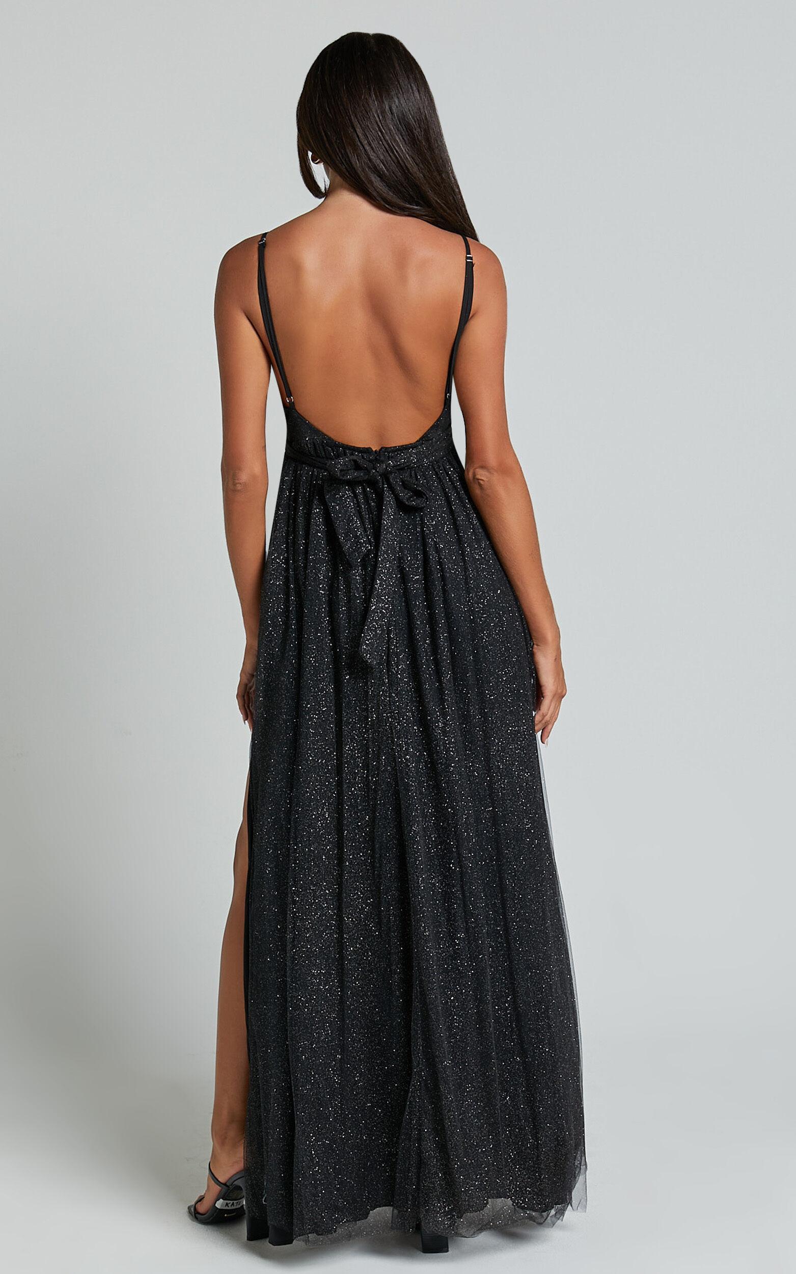 Angelina Midi Dress - Plunge Neck Glitter Neck Dress in Black Product Image