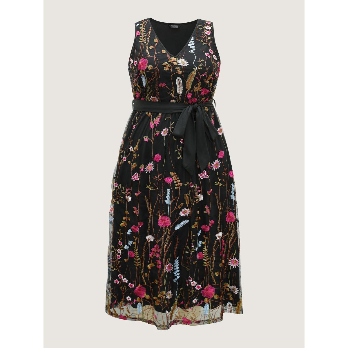 Plus Size Floral Embroidery Belted Midi Dress Black Women V-neck Sleeveless Curvy BloomChic 28/5X Product Image