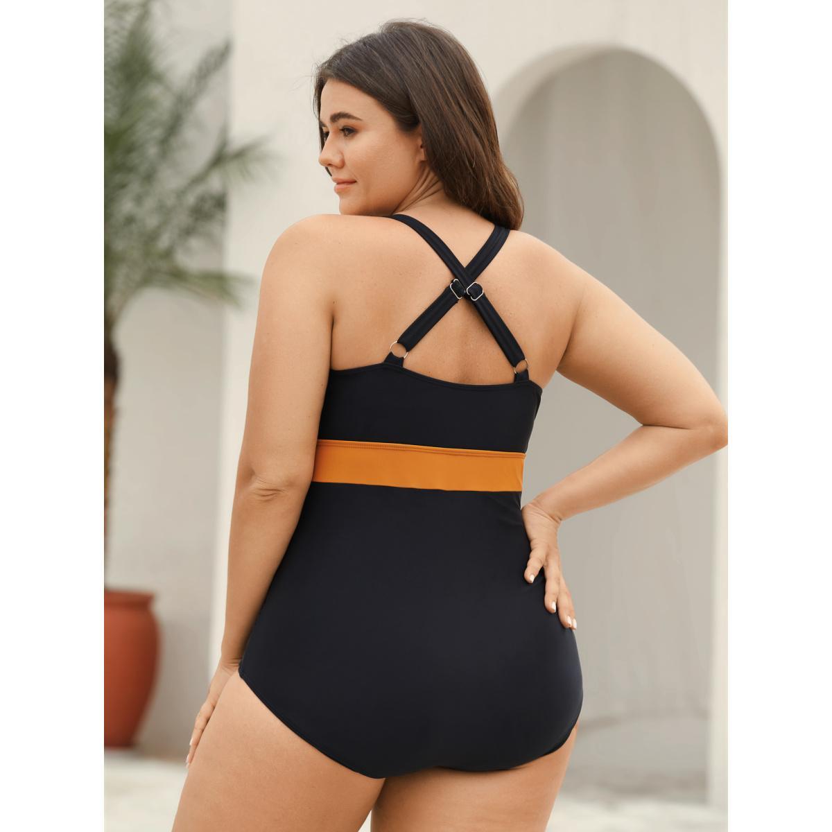 Plus Size Twisted Front Color Contrast One-Piece Swimsuit Women's Swimwear DarkBlue Beach Curve Bathing Suits High stretch One Pieces BloomChic 26/4X Product Image