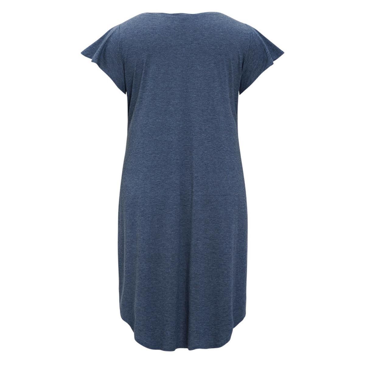 Plus Size Plain Pleated Ruffle Sleeve Pocket Button Up Curved Hem Dress Stone Women Casual Arc Hem Round Neck Cap Sleeve Curvy Midi Dress BloomChic 26/4X Product Image