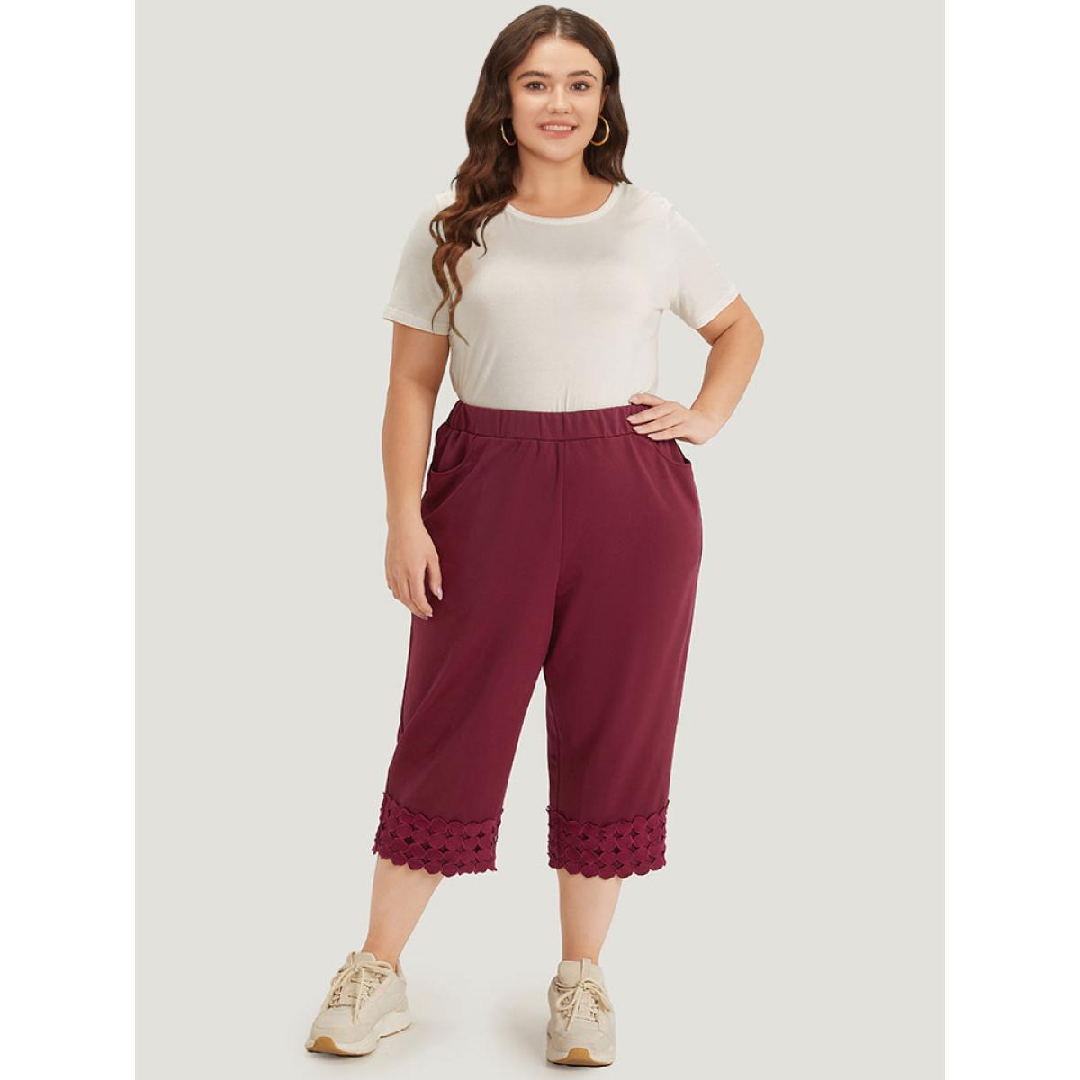 Plus Size Plain Pocket Elastic Waist Trim Hem Pants Women Burgundy Casual High Rise Dailywear Pants BloomChic 14-16/1X Product Image