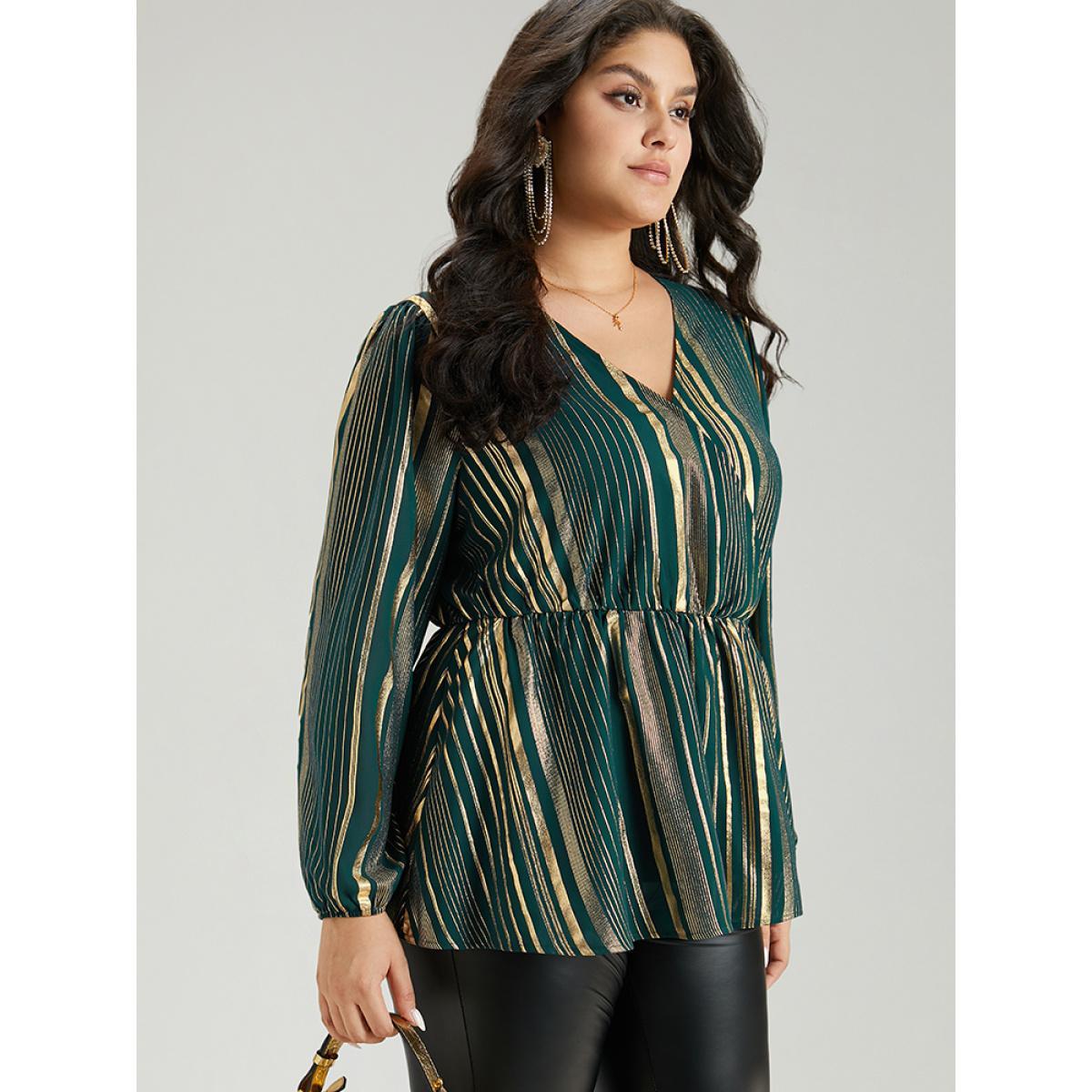 Plus Size ArmyGreen Glitter Striped Surplice Neck Blouse Women Glamour Long Sleeve V-neck Festival-Christmas Blouses BloomChic 28/5X Product Image