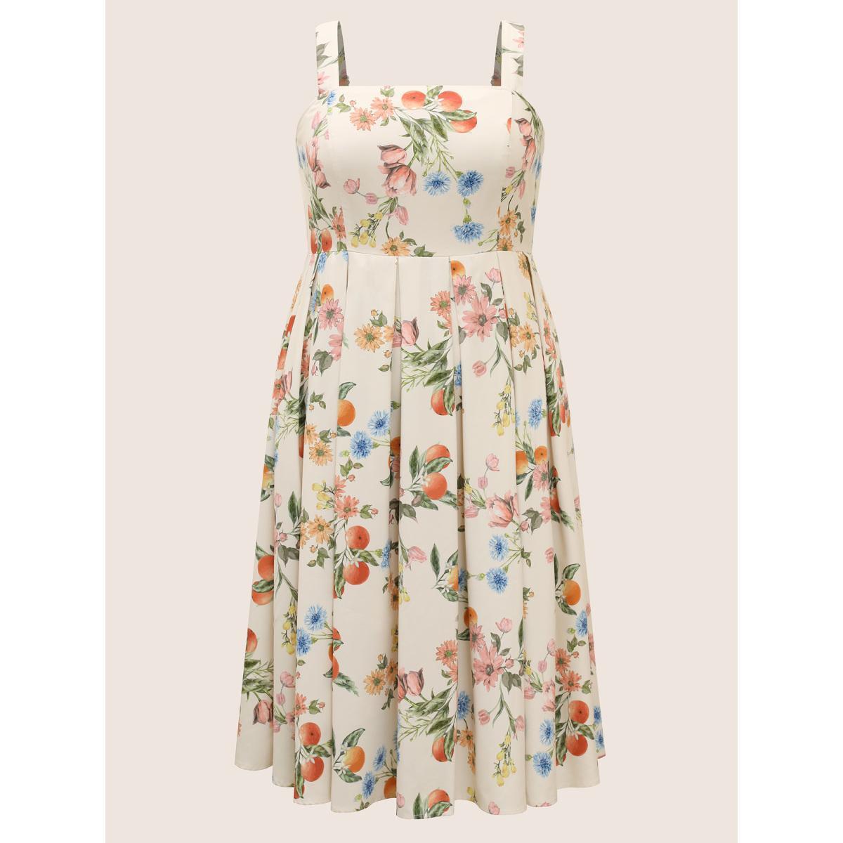 Plus Size Citrus Orange Print Plicated Detail Cami Dress Apricot Women Elegant Pleated Non Sleeveless Curvy BloomChic 30/6X Product Image