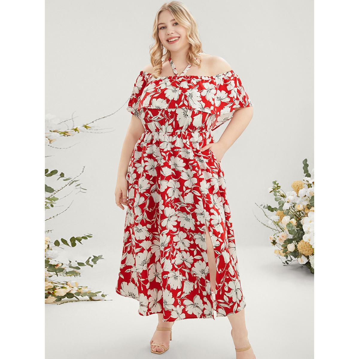 Plus Size Floral Print Pocket Ruffles Trim Split Halter Maxi Dress Scarlet Women Elegant Elastic Waist Halter neck Short sleeve Curvy Long Dress BloomChic 10/M Product Image