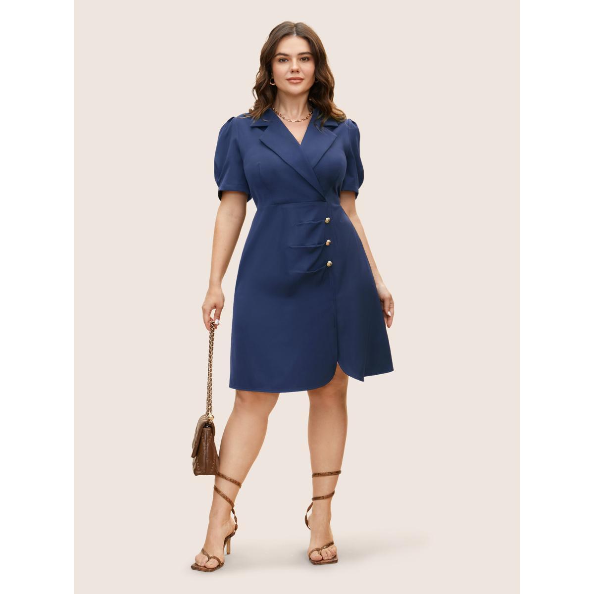 Plus Size Suit Collar Metal Detail Lantern Sleeve Dress Mediumblue Women Workwear Essentials Button Suit Collar Sleeveless Curvy BloomChic 28/5X Product Image