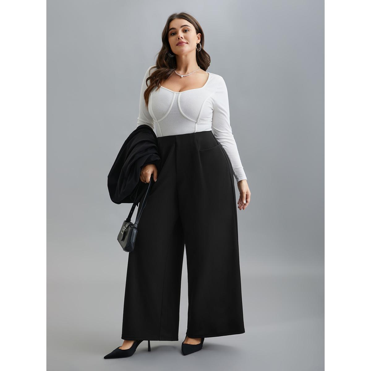 Plus Size Solid Pleated Wide-Leg Pants Women Black At the Office Wide Leg Mid Rise Work Pants BloomChic 10/M Product Image