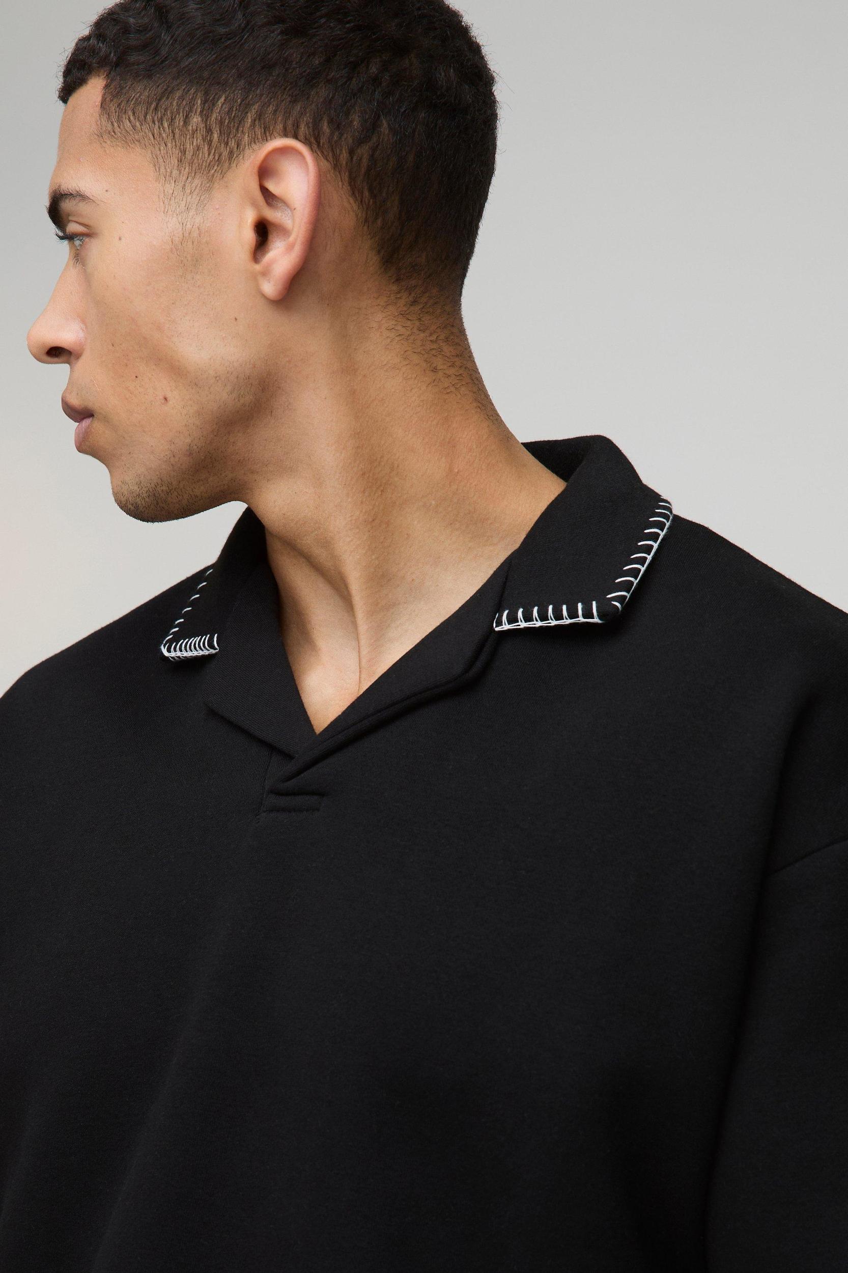 Oversized Boxy Revere Blanket Stitch Polo Sweatshirt | boohooMAN USA Product Image