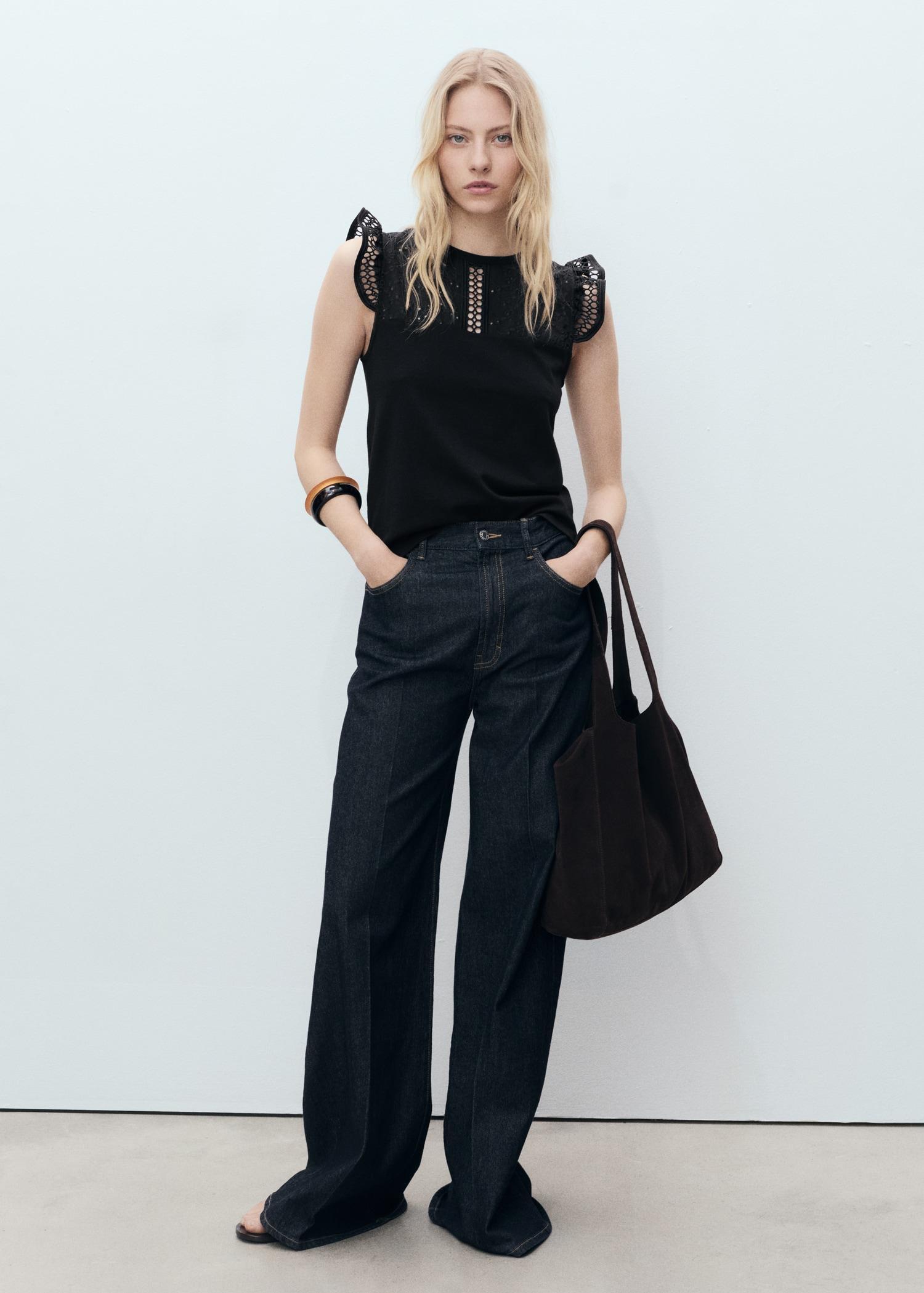 Cotton top with openwork neckline - Women | MANGO USA Product Image