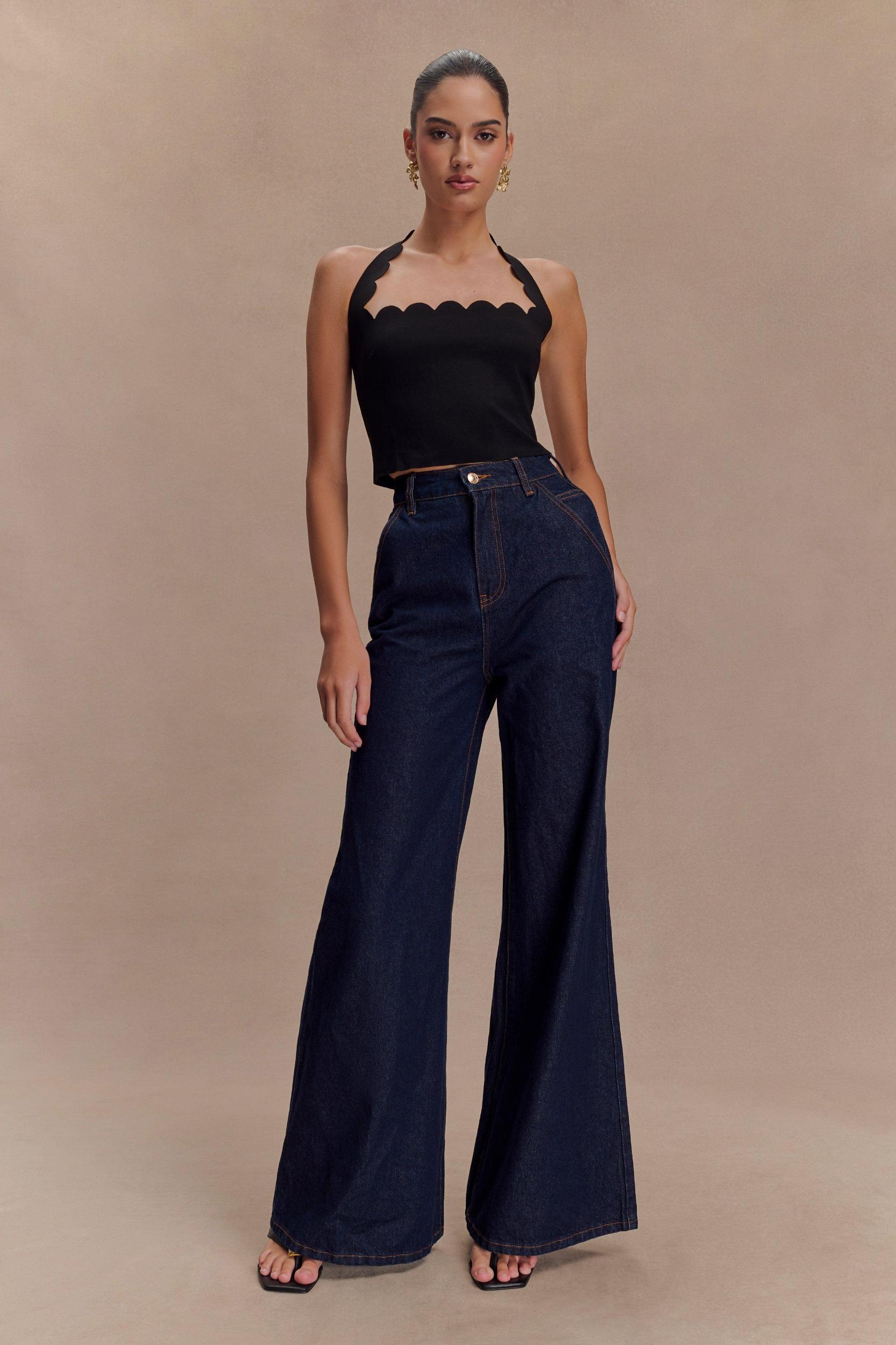 Selena Scalloped Jersey Halter Top - Black Product Image