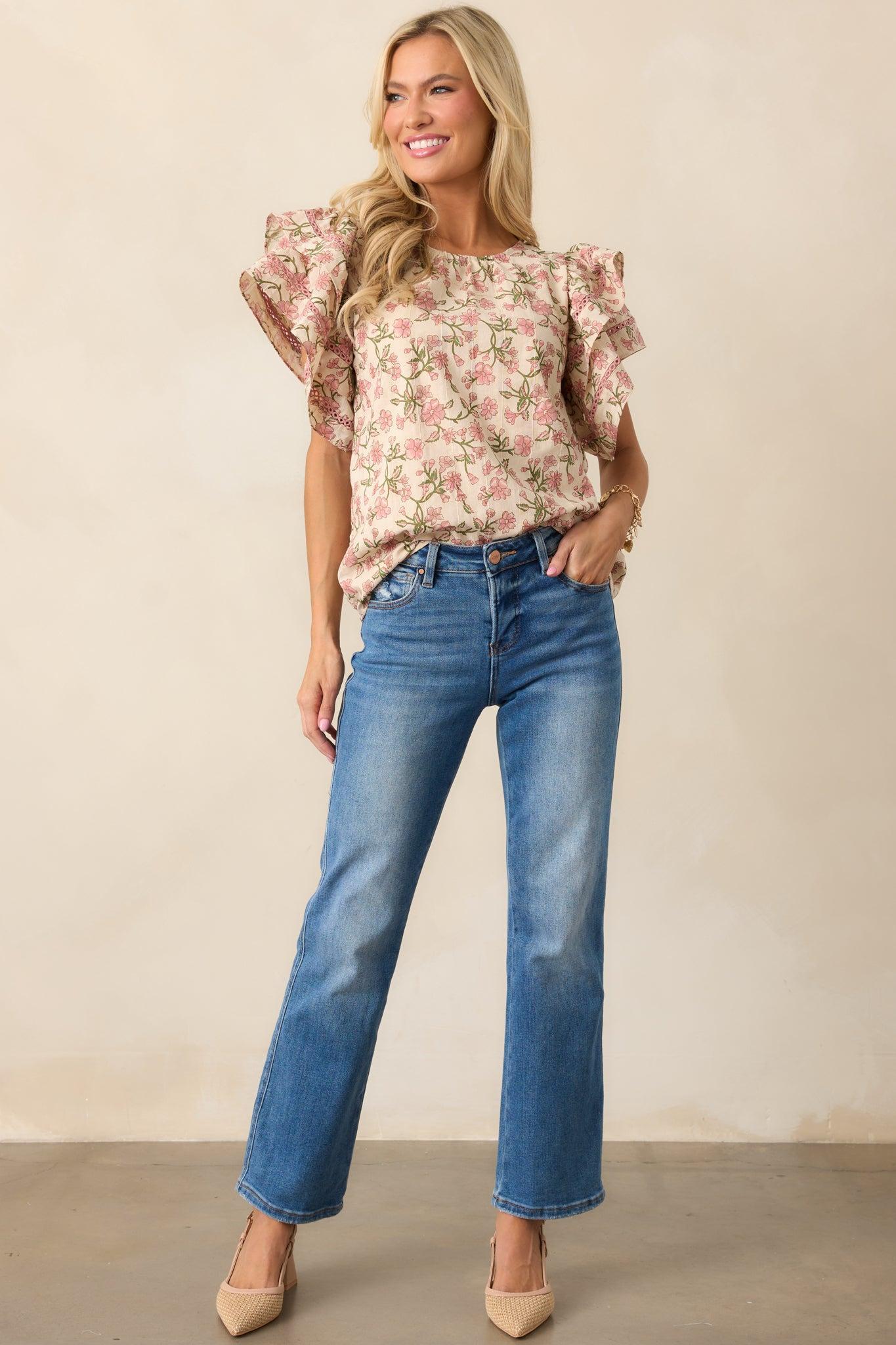 Secret Garden Path Cotton Rose Pink Flutter Sleeve Blouse Product Image
