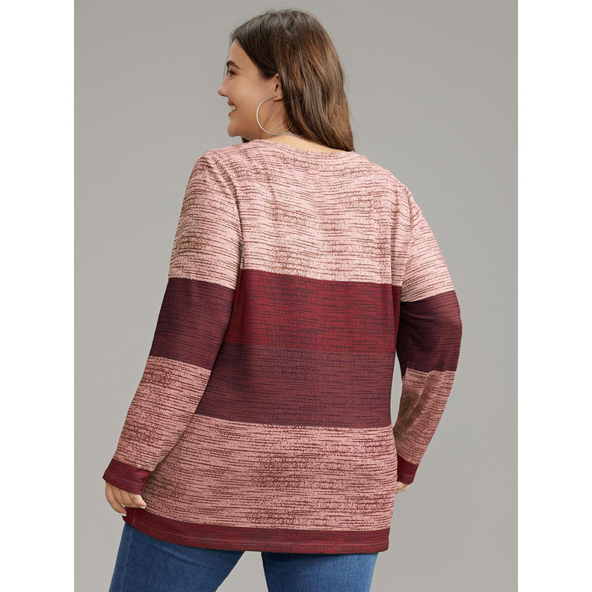 Plus Size Striped Colorblock Contrast V Neck T-shirt Red Women Casual Contrast Colorblock V-neck Everyday T-shirts BloomChic 18-20/2X Product Image