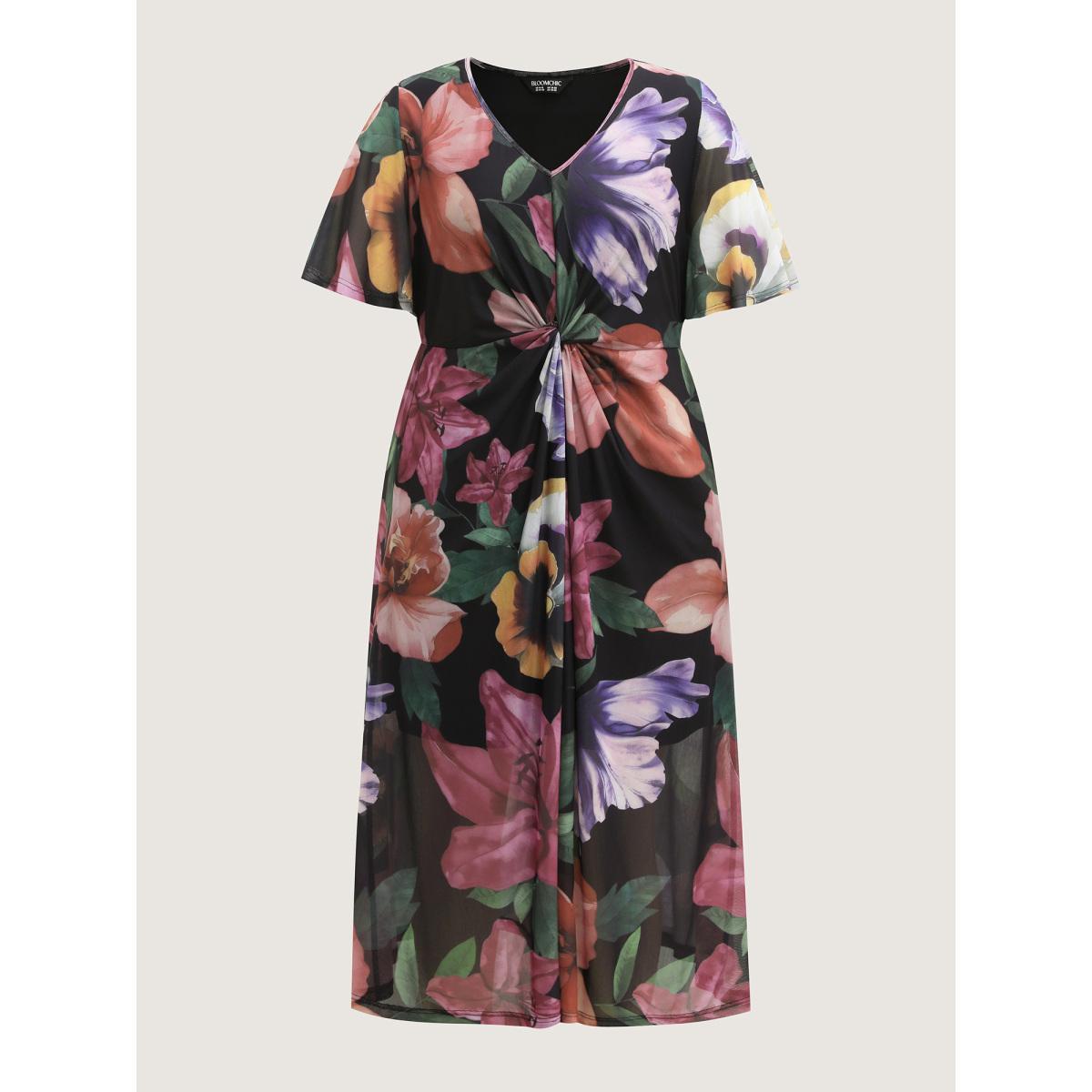 Plus Size Large Floral Print Twist Front Midi Dress RedViolet Women V-neck Short sleeve Curvy BloomChic 12/L Product Image