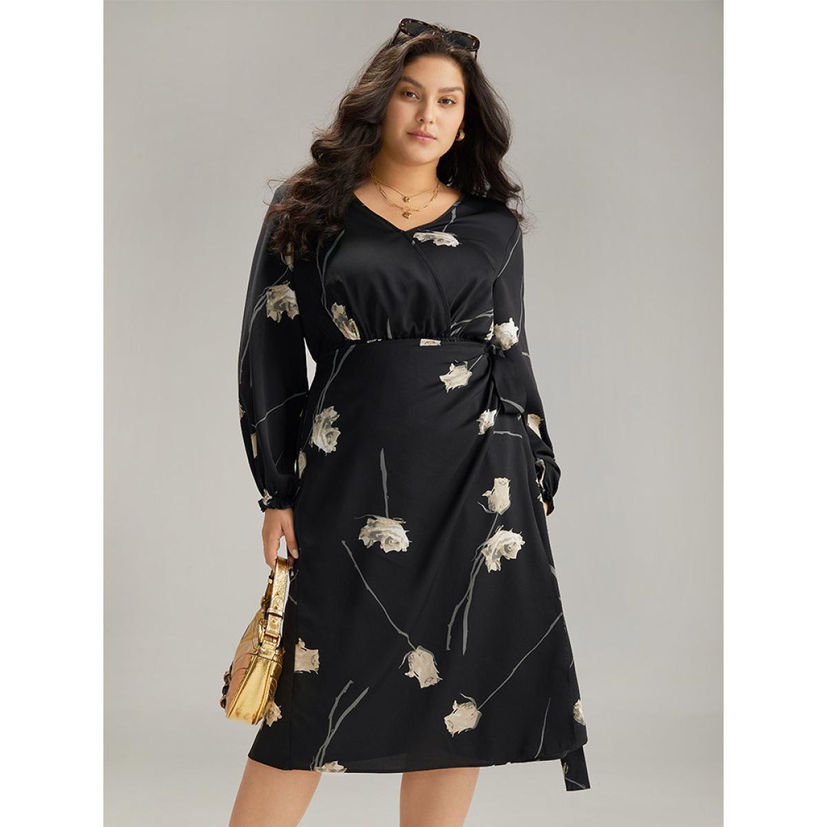 Plus Size Geometric Wrap Ties Lantern Sleeve Dress BlackFlower Women Office Cross straps V-neck Long Sleeve Curvy Midi Dress BloomChic 14-16/1X Product Image