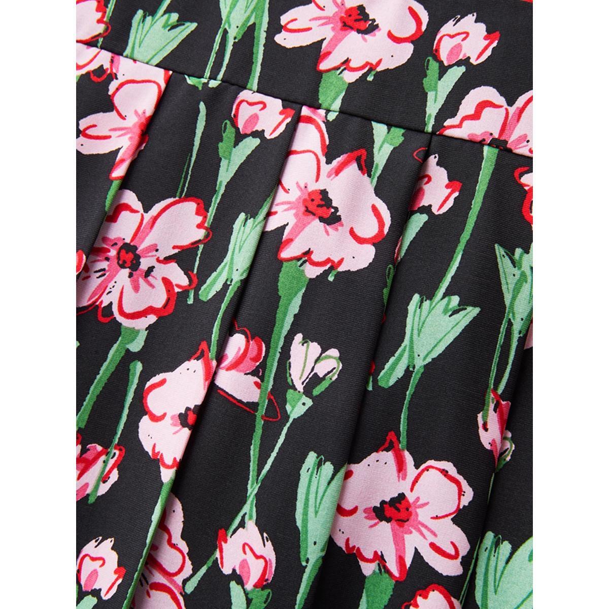Plus Size Floral Print Shirred Pleated Midi Dress BlackFlower Women Overlap Collar Cap Sleeve Curvy BloomChic 10/M Product Image