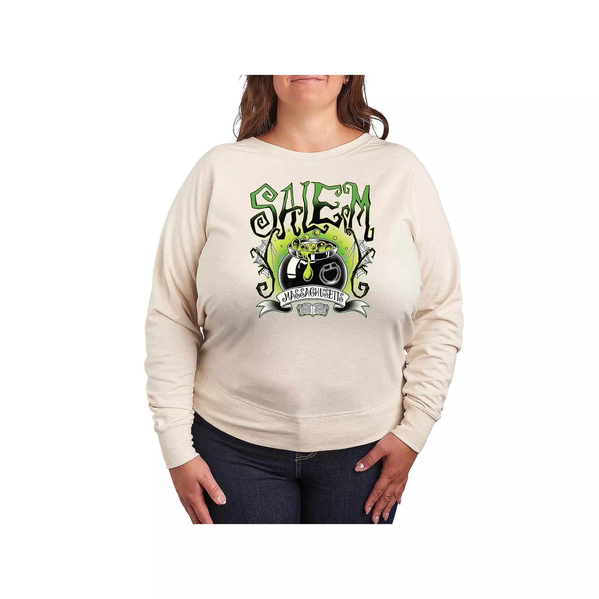 Plus Size Salem Witchy Collegiate French Terry Long Sleeve Tee, Womens Grey Blue Product Image