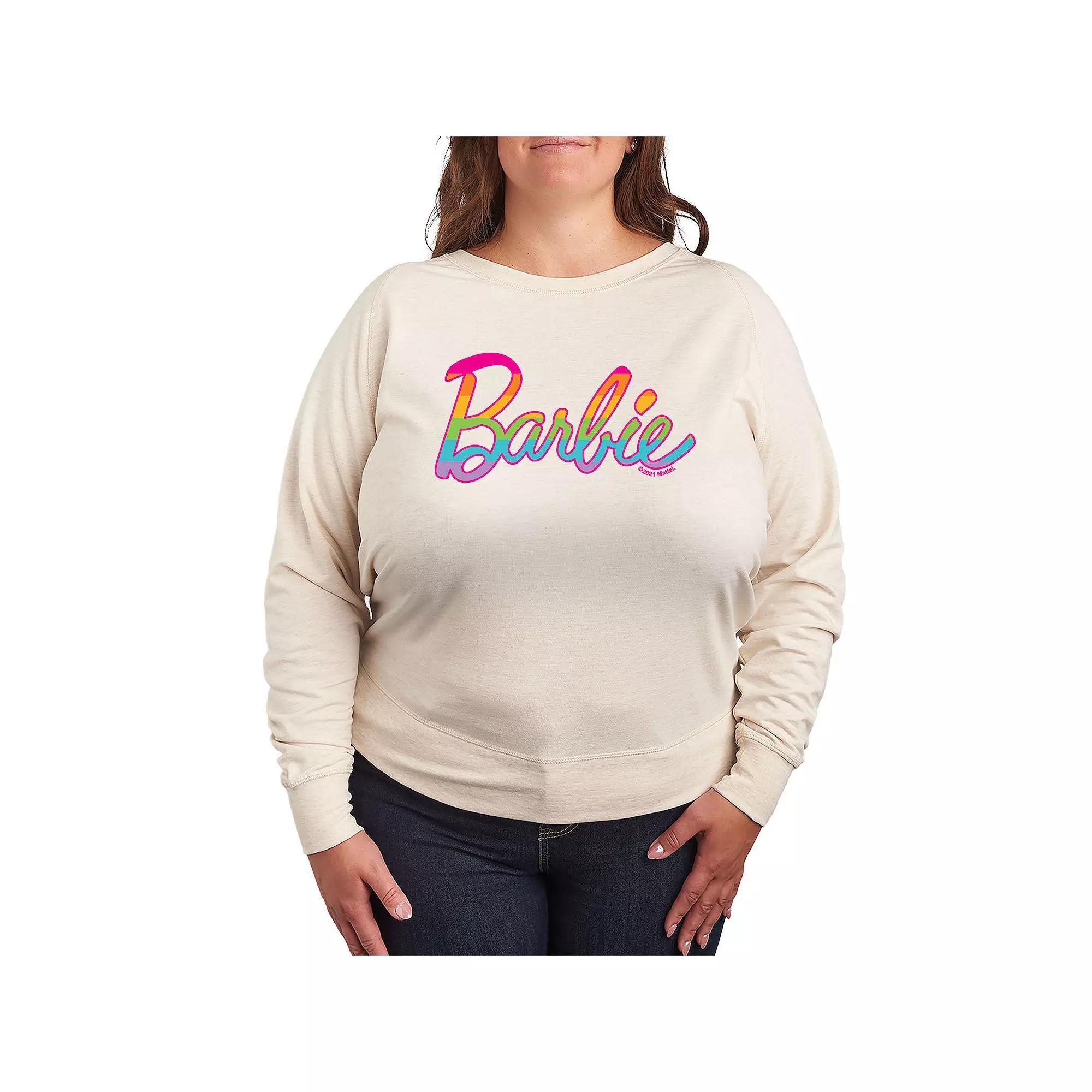 Plus Size Barbie Pride Rainbow Fill French Terry Long Sleeve Tee, Womens Grey Indigo Product Image