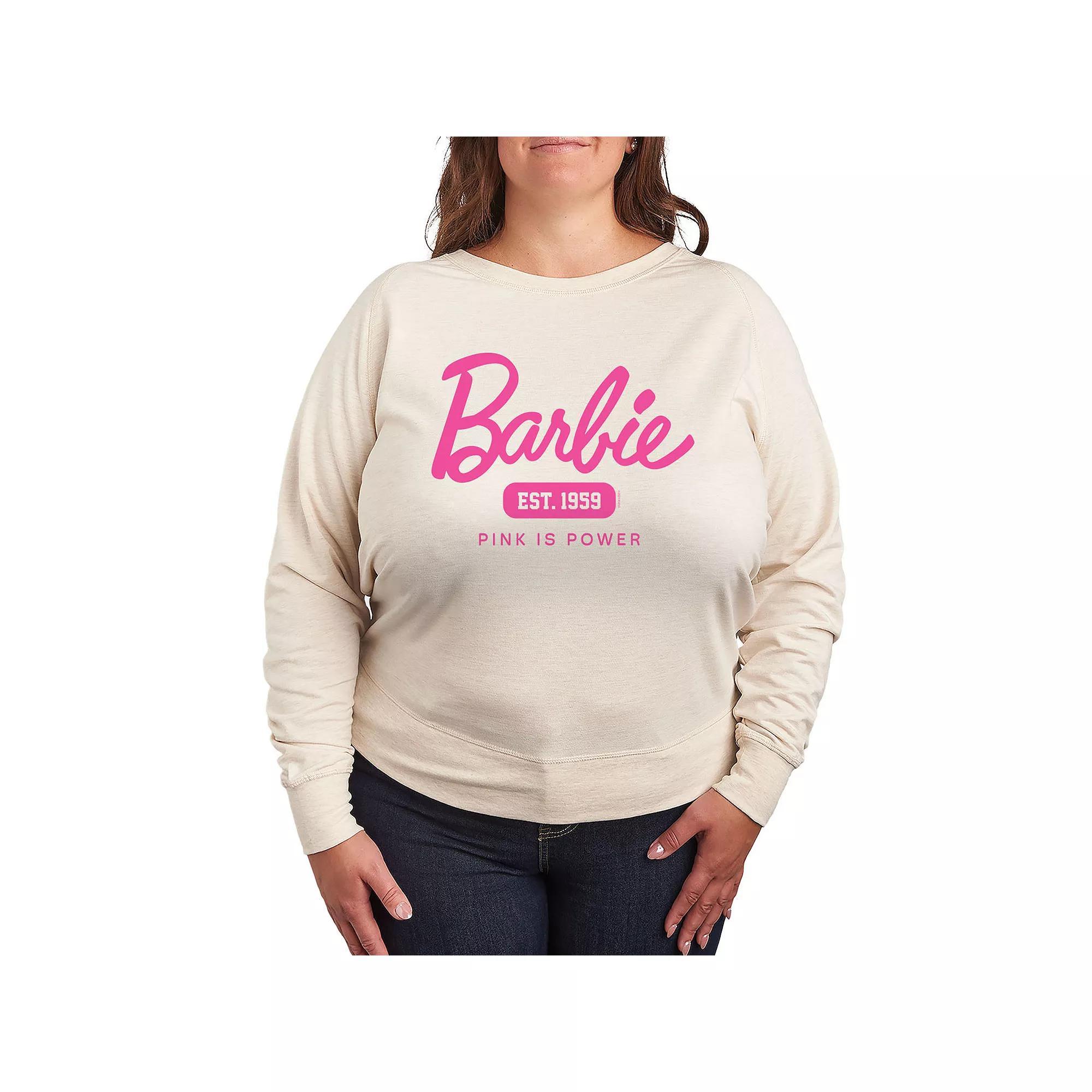 Plus Size Barbie Pink Is Power French Terry Long Sleeve Tee, Womens Product Image