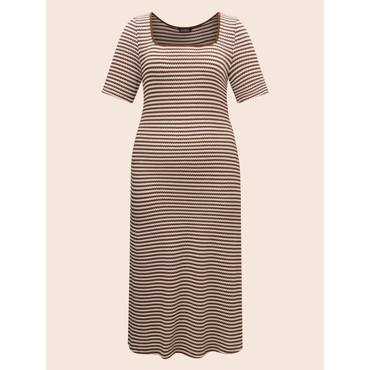 Plus Size Striped Textured Square Neck Midi Dress Browncoffeecolor Women Casual Texture Square Neck Short sleeve Curvy BloomChic 30/6X Product Image