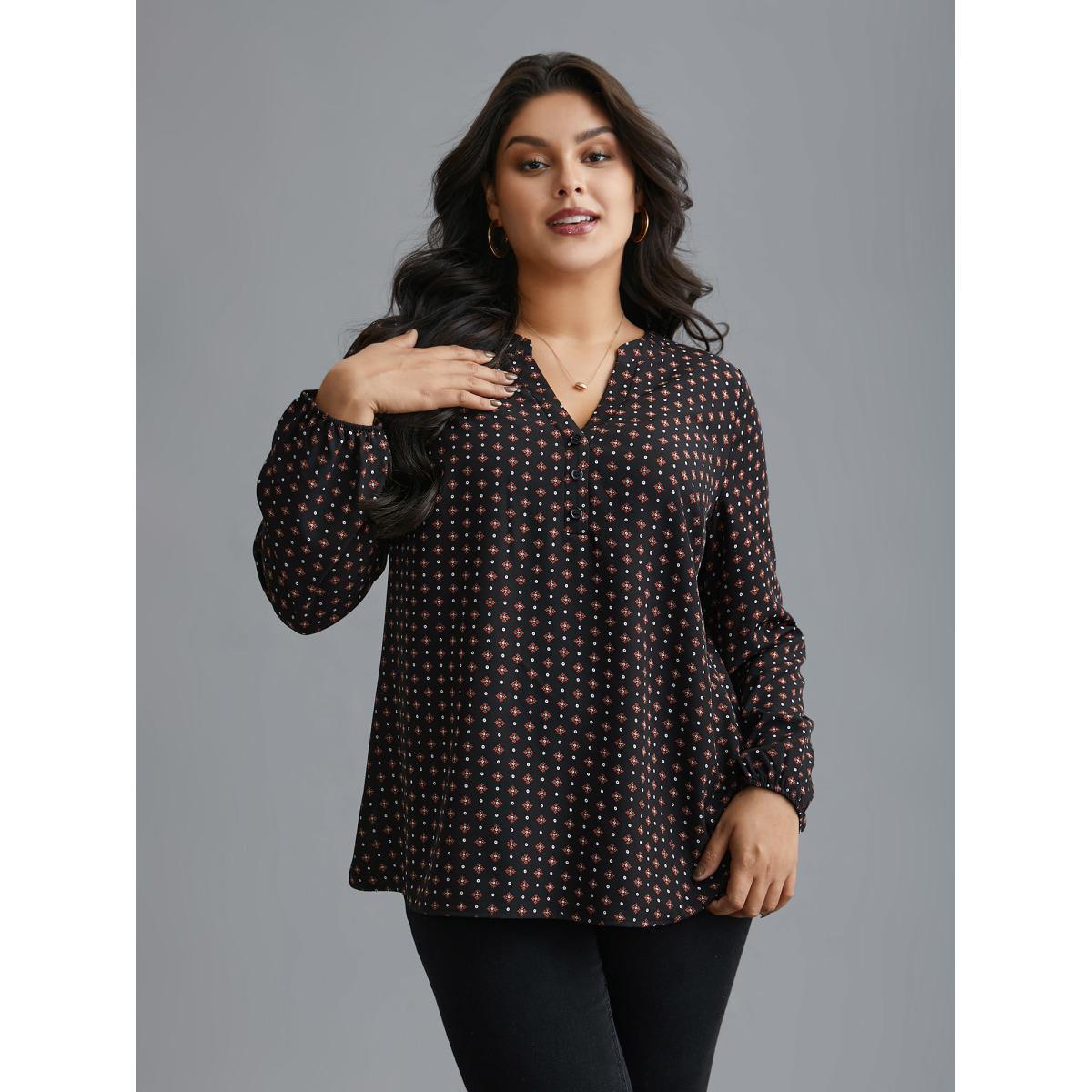 Plus Size Black Notched Geometric Button Up Blouse Women At the Office Extra Long Sleeve Notched collar Work Blouses BloomChic 28/5X Product Image