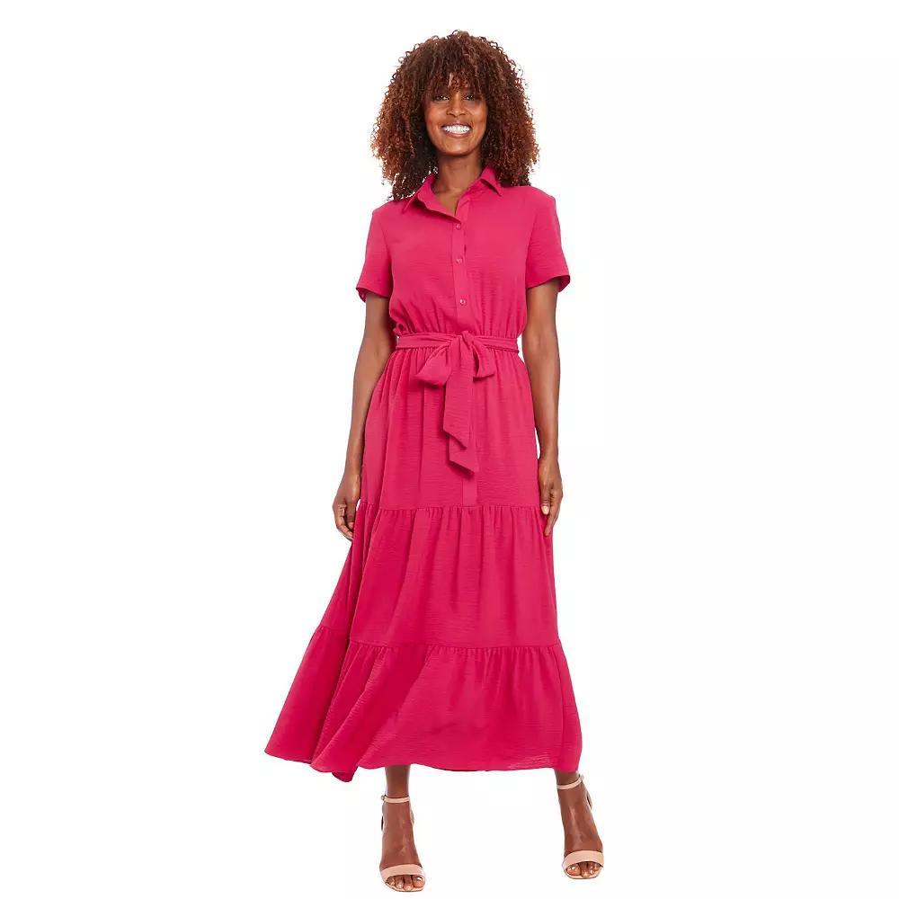 Womens London Times Short Sleeve Tiered Shirt Dress Pink Product Image