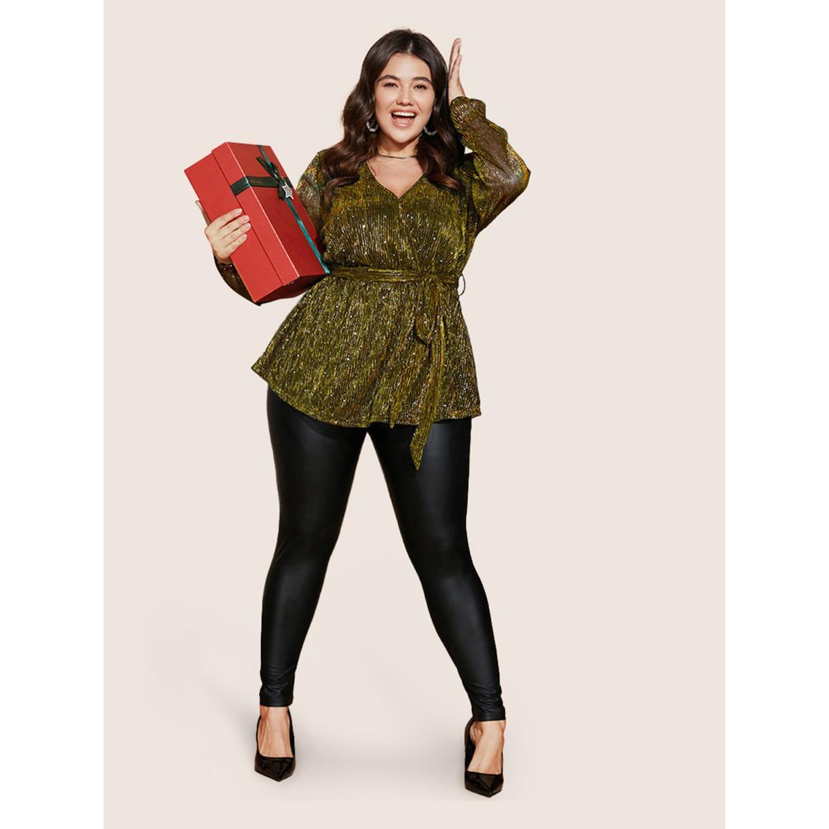 Plus Size Gold Sequin Mesh Lantern Sleeve Wrap Belted Striped Blouse Women Cocktail Long Sleeve Overlap Collar Party Blouses BloomChic 28/5X Product Image