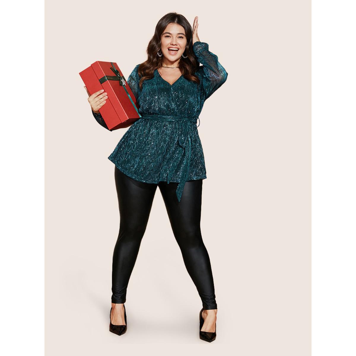 Plus Size Aegean Sequin Mesh Lantern Sleeve Wrap Belted Striped Blouse Women Cocktail Long Sleeve Overlap Collar Party Blouses BloomChic 22-24/3X Product Image