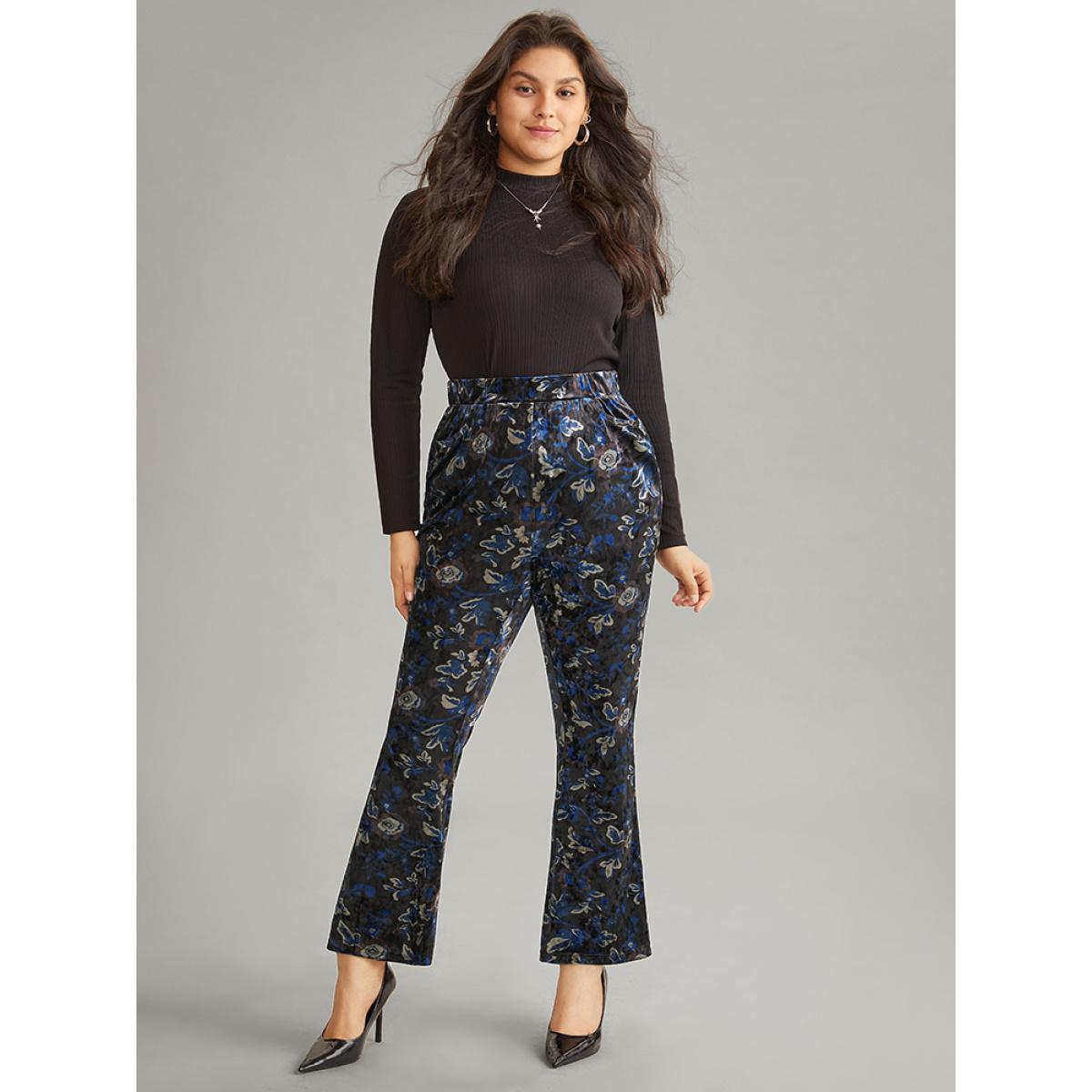 Plus Size Velvet Floral Elastic Waist High Rise Bootcut Pants Women Black Elegant Bootcut High Rise Dailywear Pants BloomChic 12/L Product Image