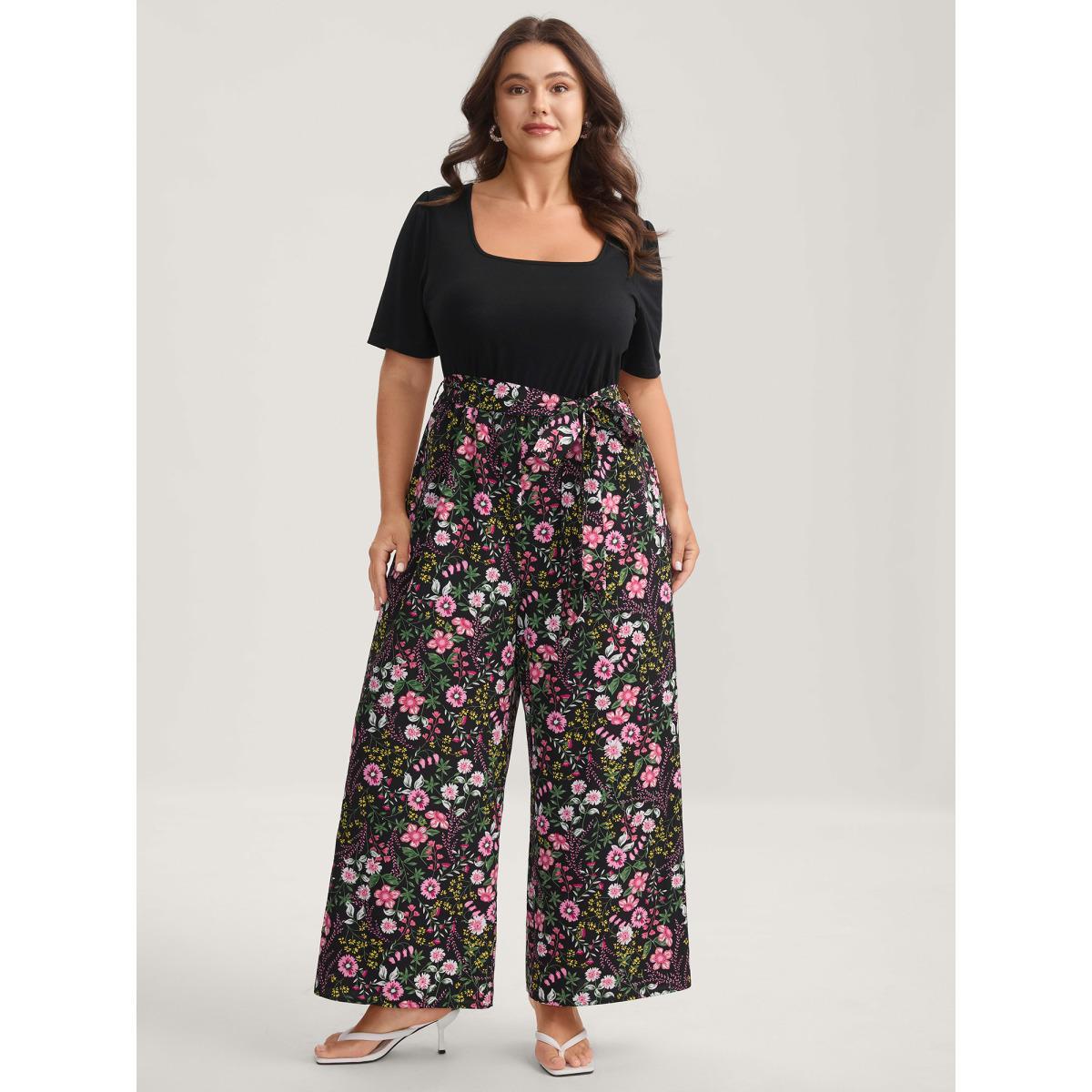 Plus Size BlackFlower Color Contrast Belted Panel Pockets Jumpsuit Women Elegant Short sleeve Square Neck Everyday-Elegant Loose Jumpsuits BloomChic 10/M Product Image