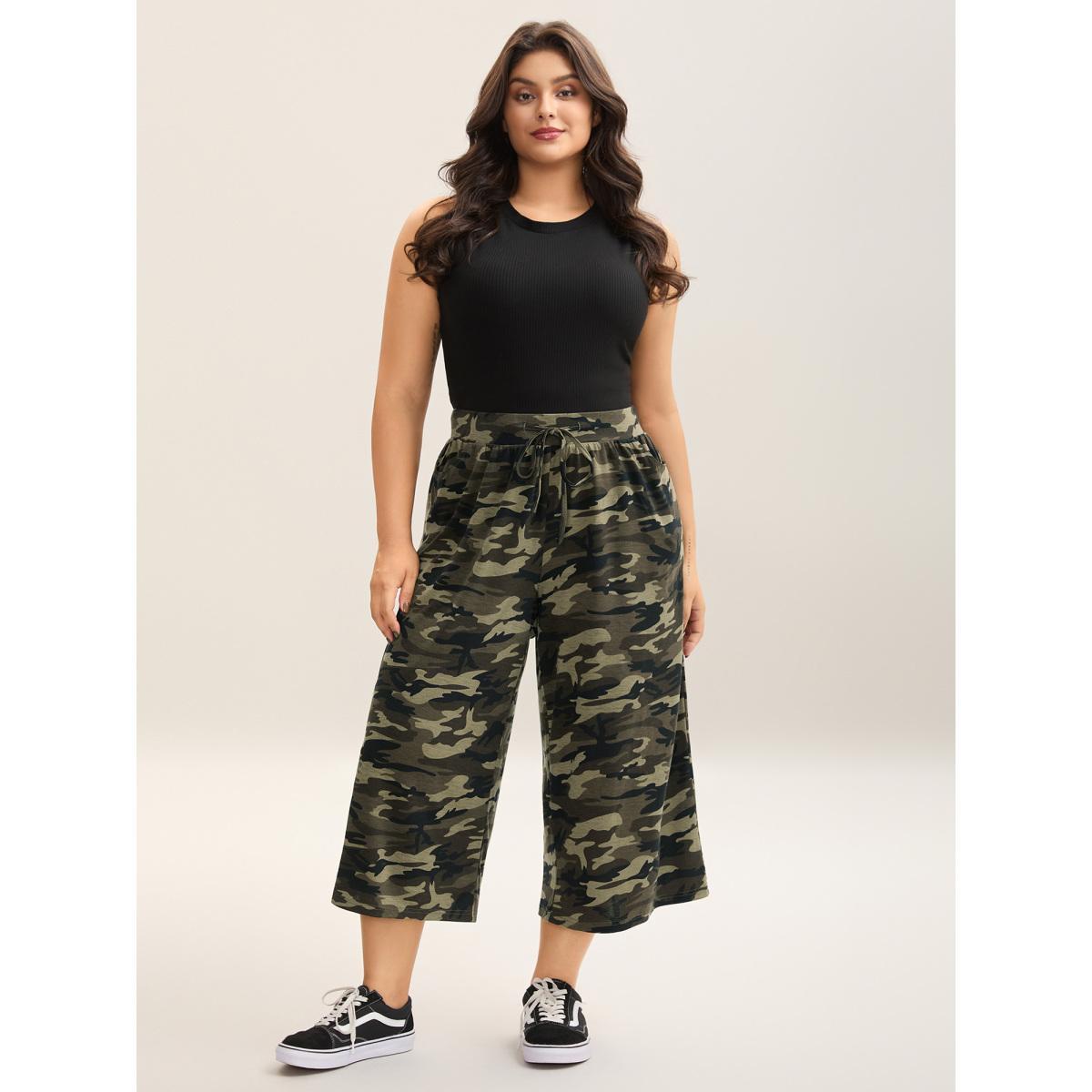 Plus Size Camouflage Print Tie-Waist Wide-Leg Pants Women ArmyGreen Casual Wide Leg Mid Rise Everyday-Casual Pants BloomChic 14-16/1X Product Image