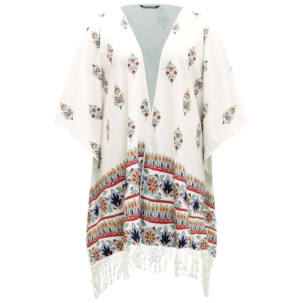 Plus Size Boho Print Asymmetrical Hem Tassel Trim Drape Kimono Women Ivory Casual Drape Loose Dailywear Kimonos BloomChic 22-24/3X Product Image