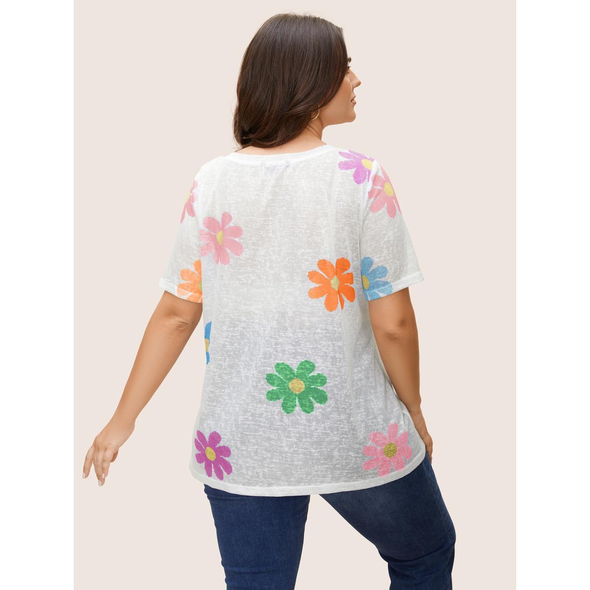 Plus Size Colored Floral V Neck See Through T-Shirt WhiteSmoke Women Casual See through Art&design V-neck Everyday T-shirts BloomChic 10/M Product Image