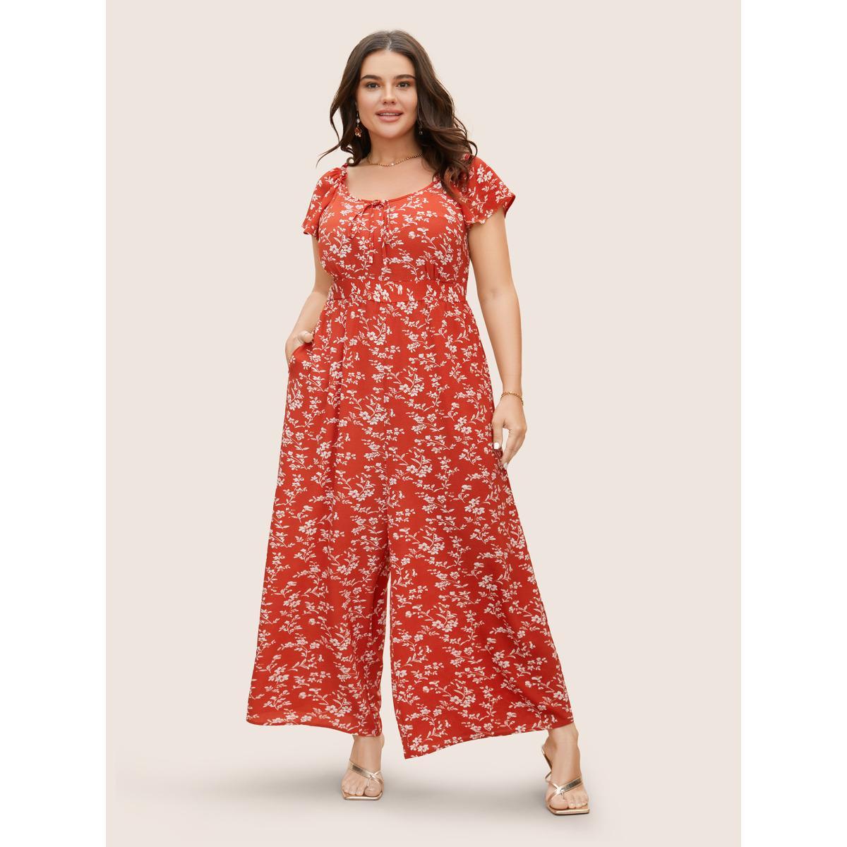 Plus Size Rust Crew Neck Ditsy Floral Tie Knot Jumpsuit Women Elegant Cap Sleeve Round Neck Everyday Loose Jumpsuits BloomChic 28/5X Product Image