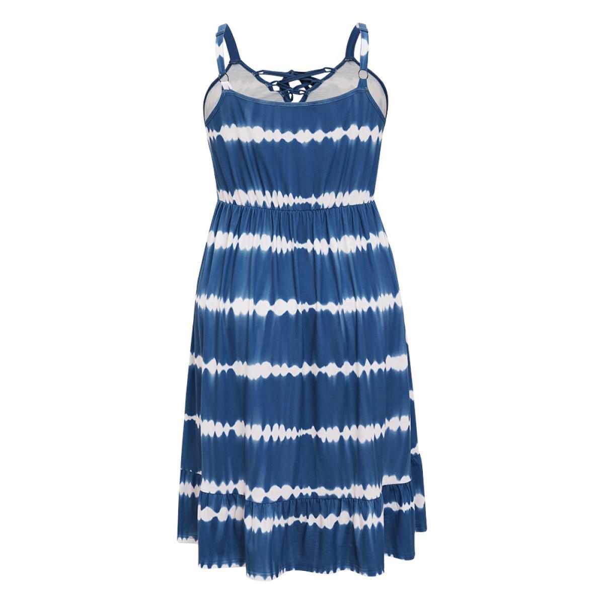 Plus Size Tie Dye Lace Up Pocket Striped Cami Dress Indigo Women Vacation Adjustable Straps Spaghetti Strap Sleeveless Curvy Midi Dress BloomChic 10/M Product Image