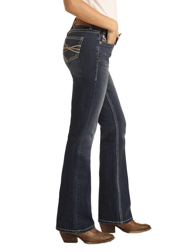 SALE Rock & Roll Denim® Ladies' Pleather Embroidered MR Bootcut Jeans Product Image