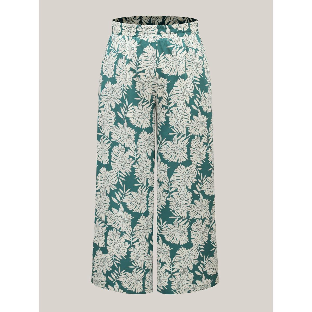 Plus Size Tropical Leaf Pattern Shirred Wide-Leg Pants Women Emerald Resort Wide Leg Mid Rise Vacation Pants BloomChic 18-20/2X Product Image