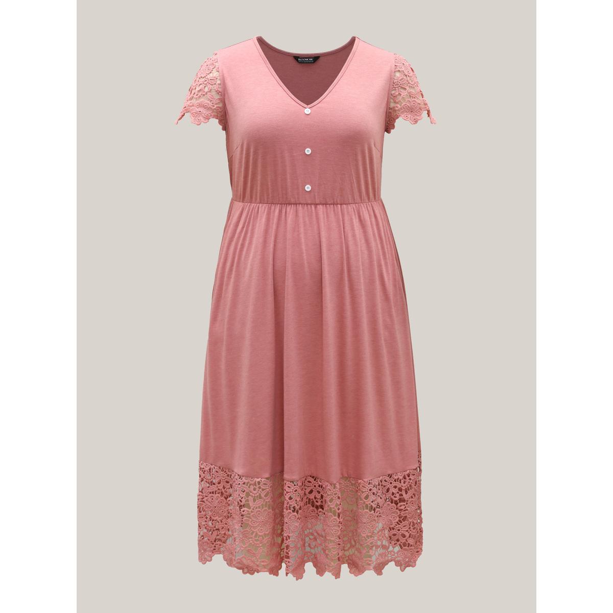 Plus Size Stretchy Waist Lace Pockets Midi Dress DustyPink Women Elegant Woven ribbon&lace trim Knit Dresses Bloomchic 22-24/3X Product Image