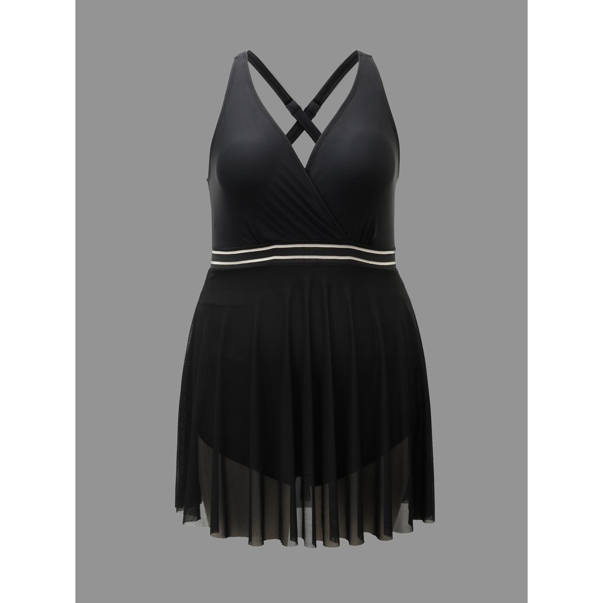 Plus Size Solid Gathered See Through Slit Swim Dress Women's Swimwear Black Beach Bodycon Overlap Collar High stretch Curve Swim Dresses BloomChic 28/5X Product Image