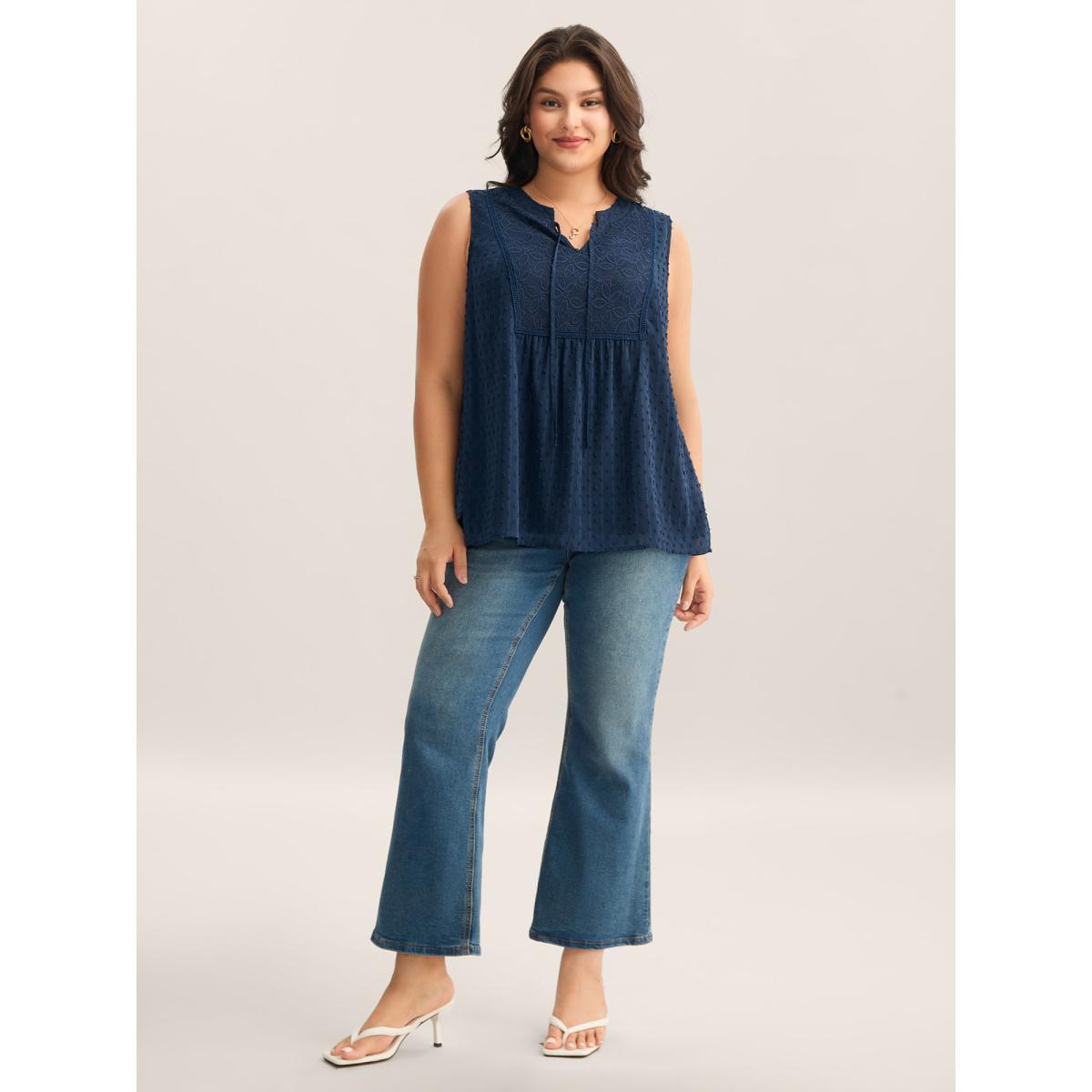 Plus Size Textured Lace Detail Neck Tie Sleeveless Top Women DarkBlue Woven ribbon&lace trim Flat collar with V-notch Everyday-Elegant Tank Tops Camis BloomChic 26/4X Product Image