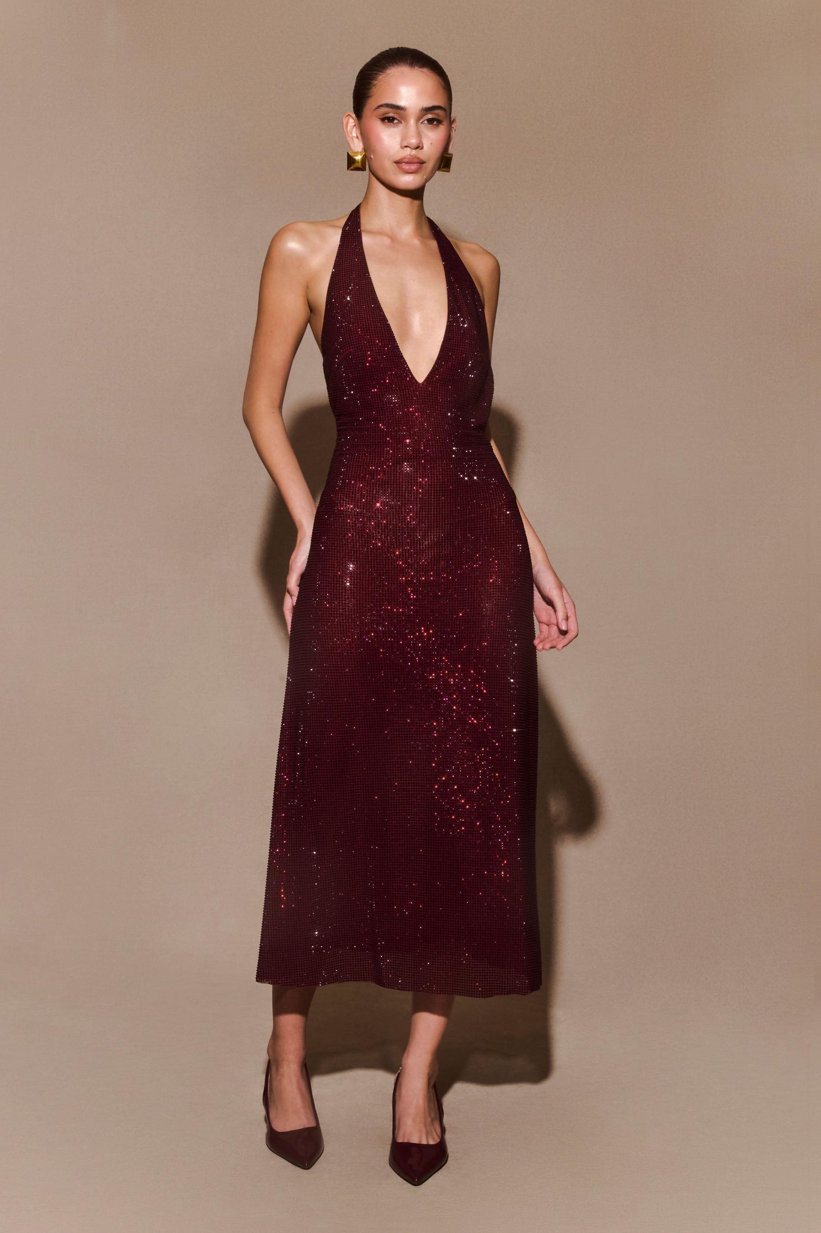 Genie Diamante Halter Midi Dress - Mahogany Product Image