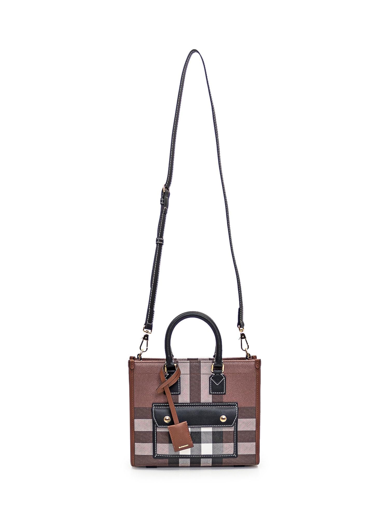 BURBERRY Mini Check Freya Tote Bag In Dark Birch Brown Check Product Image