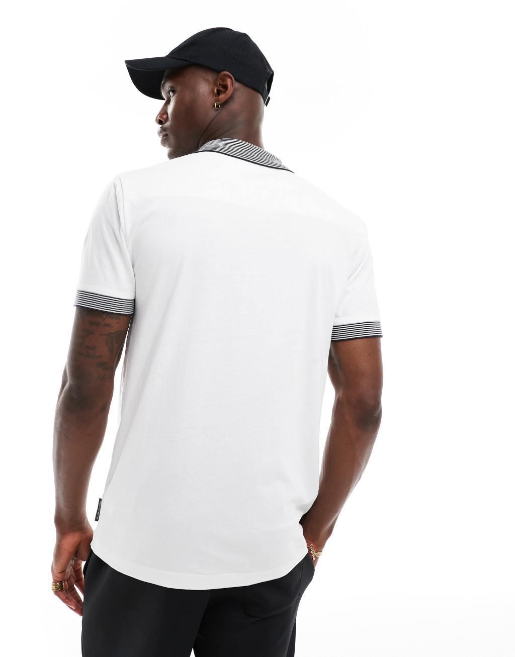 French Connection striped collar polo in white Product Image