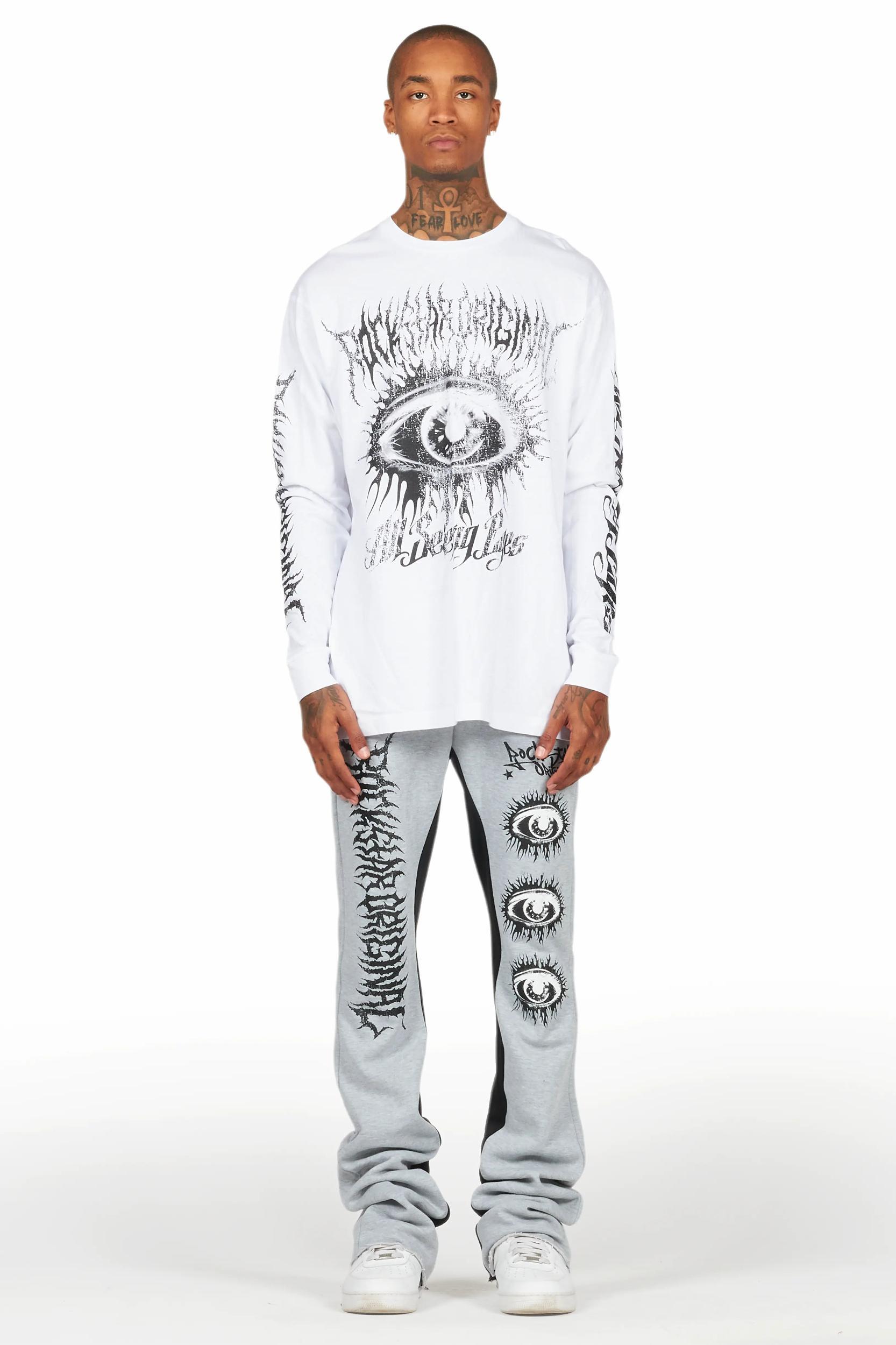 All Seeing Eyes White/Grey Long Sleeve T-Shirt/Baggy Pant Set Male Product Image