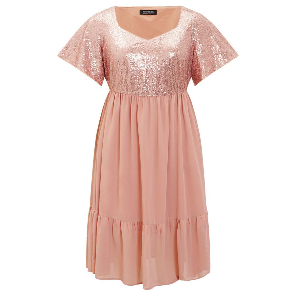Plus Size Sequin Patchwork Belted Flutter Hem Midi Dress Crepe Women Party Lined V-neck Short sleeve Curvy Midi Dress BloomChic 22-24/3X Product Image