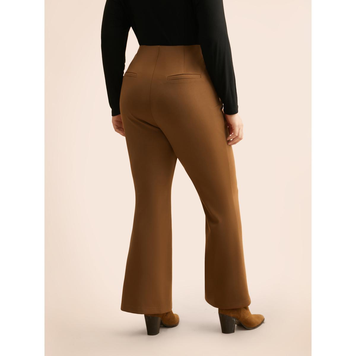 Plus Size Solid Seam Detail Flare Leg Pants Women Yellowishbrown Elegant Flare Leg Mid Rise Everyday Pants BloomChic 12/L Product Image