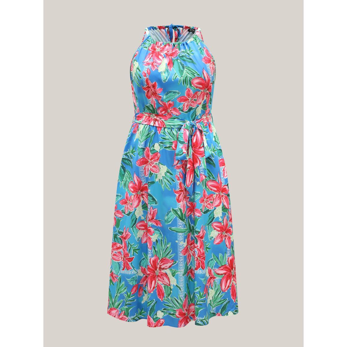 Plus Size Sweet Tropical Print Halter Neck Dress Skyblue Women Halter neck Sleeveless Curvy BloomChic 28/5X Product Image